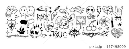 Spray paint graffiti inky heart, chain, angel wings, skull, smiles and punk goth stickers Spray paint graffiti inky heart, chain, angel wings, skull, smiles and punk goth stickers 137498009