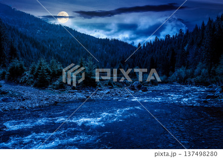 landscape with mountain, forest and a river in front at night. full moon over beautiful scenery of the green valley during spring. mysterious alpine environment for remote outdoor adventure 137498280