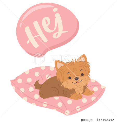 Cute yorkshire terrier dog sleeping in big pink pillow. English translation for Hej is Hello 137498342