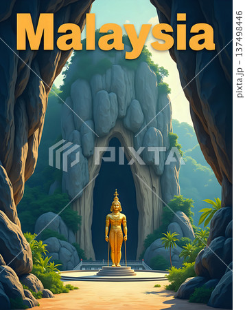 A tall golden statue is located at the entrance of a large cave in Malaysia. The statue is surrounded by rocks and lush trees. The scene is bright with a clear sky. 137498446