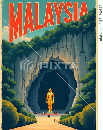 A large golden statue of a figure is located at the entrance of a dark cave. People walk around the area, enjoying the view. Green trees surround the cave, and it is daytime. 137498492