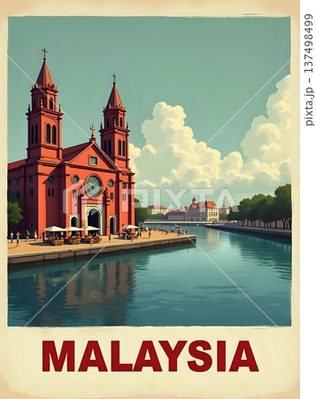 A historic church stands by a river in Malaysia. People walk along the water with trees lining the shore. Clouds float in the blue sky, making a pleasing backdrop for visitors to the area. A historic church stands by a river in Malaysia. People walk along the water with trees lining the shore. Clouds float in the blue sky, making a pleasing backdrop for visitors to the area. 137498499