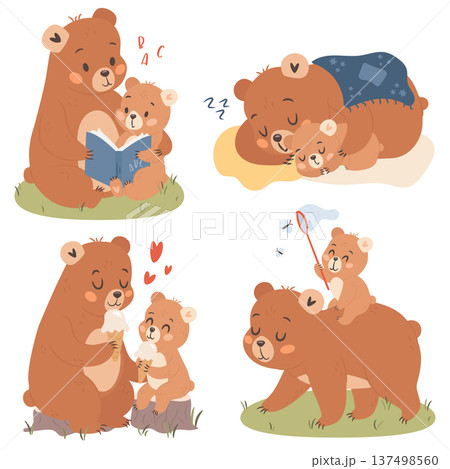 Set of four cute cartoon illustrations of mama bear with kid 137498560