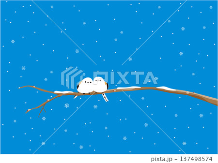 雪が降っている枝にとまっている2羽のシマエナガのイラスト 137498574