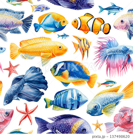 Tropical fish reef pattern with clownfish angelfish betta starfish and colorful sea creatures on white background 137498620