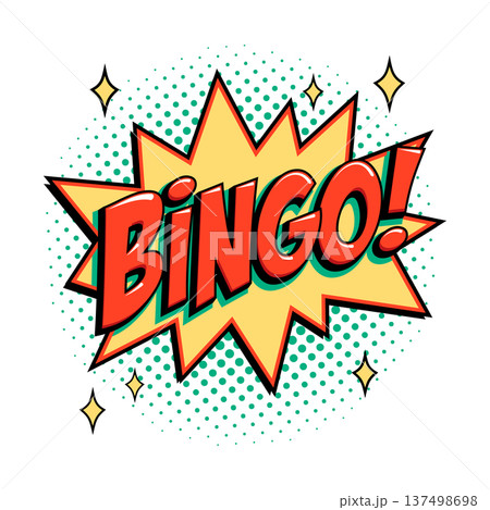 Bingo starburst icon in retro comic style with bold red lettering on yellow star shape and green halftone background. Bright vector bingo logo for lottery, lotto, casino posters and game branding 137498698