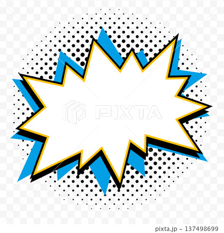 blank starburst shape with blue burst spikes in retro pop art vector style on transparent background. Starburst shape sticker with dynamic comic effect. Perfect for sale banners and promo labels. 137498699