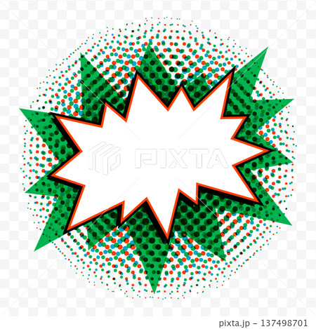 Comic starburst shape with green burst spikes in retro pop art vector style on transparent background. Starburst shape frame with bold comic effect. Ideal for sale banners and promo stickers Comic starburst shape with green burst spikes in retro pop art vector style on transparent background. Starburst shape frame with bold comic effect. Ideal for sale banners and promo stickers 137498701