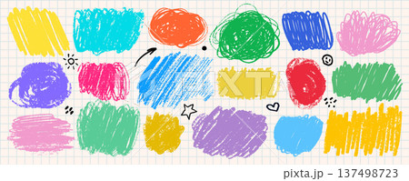 Crayon highlight box text scribble underline set in bright yellow blue green pink and purple on grid background. Crayon highlight box marks in rough pen line texture. Ideal for text accents. Crayon highlight box text scribble underline set in bright yellow blue green pink and purple on grid background. Crayon highlight box marks in rough pen line texture. Ideal for text accents. 137498723