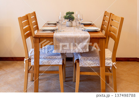 Wooden dining table set for four, green bonsai Wooden dining table set for four, green bonsai 137498788