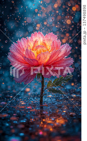 Soft pink bloom amidst shimmering dewdrops. Soft pink carnation (Dianthus caryophyllus) stands tall, illuminated against an abstract bokeh background. Soft pink bloom amidst shimmering dewdrops. Soft pink carnation (Dianthus caryophyllus) stands tall, illuminated against an abstract bokeh background. 137498898