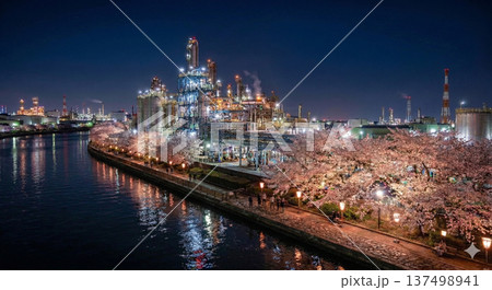 桜並木と工場夜景の風景　川沿いに広がるコンビナートと春の夜景 137498941