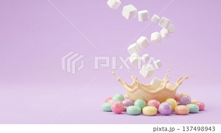 White marshmallows falling into splashing cream liquid surrounded by pastel candies 137498943