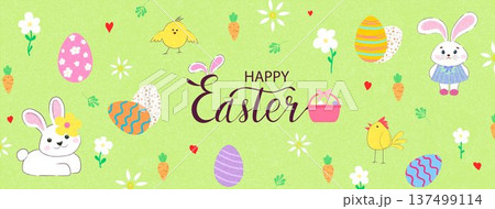 A cute Easter card with a bunny and chick. A trendy modern design with patterned Easter eggs on a textured background. Bunnies, chicks, and Easter eggs 137499114