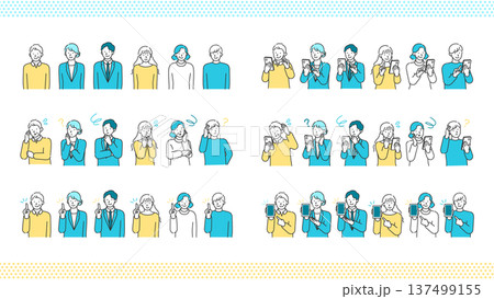 スマホで検索して悩むシニアと若者の人物線画セット スマホで検索して悩むシニアと若者の人物線画セット 137499155