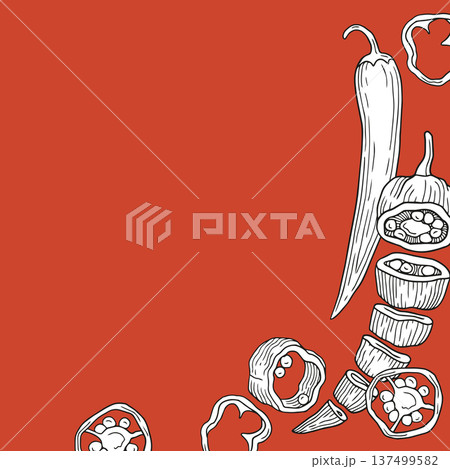 Hand-drawn sliced fresh chili pepper and chili seeds and slices frame composition for ingredients or product design 137499582