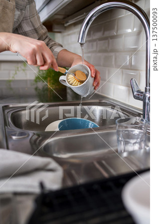 Zero waste concept. Eco-friendly kitchen wooden brush. Woman washing dishes with bamboo brush. Waste-free, eco-friendly concept 137500093