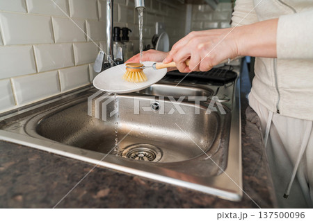 Zero waste concept. Eco-friendly kitchen wooden brush. Woman washing dishes with bamboo brush. Waste-free, eco-friendly concept 137500096