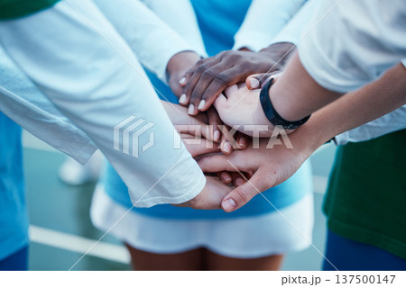Sports, hands and team with support, trust and motivation for a competitive match or game together for teamwork. Solidarity, unity and group of people or netball athletes huddle fro goals or unity Sports, hands and team with support, trust and motivation for a competitive match or game together for teamwork. Solidarity, unity and group of people or netball athletes huddle fro goals or unity 137500147