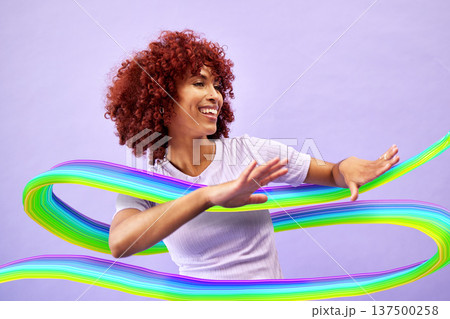 Woman, color or hologram with dancing, motion or celebration on a purple studio background. Person, model or girl with energy, holographic or move with achievement, motivation or wave with creativity 137500258