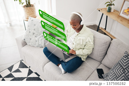 Laptop, notification icon or woman typing for communication, social media or online chat. Headphones, email overlay or person streaming on a music app to scroll on website or digital network at home 137500282