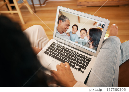 Video call, laptop screen and relax with face of family for communication, contact or connection. Happy, virtual and technology with senior people and children at home for website, online and chat 137500306