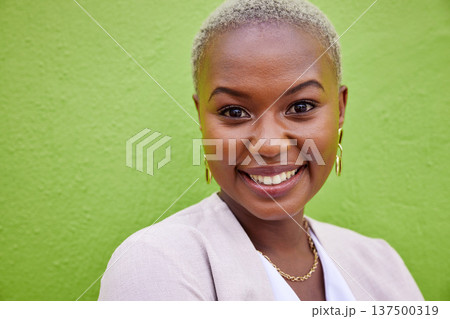 Portrait, fashion and black woman smile on green wall background mockup space. Face, happy and confident African person in style, formal clothes and white teeth in trendy aesthetic in Nigeria outdoor 137500319