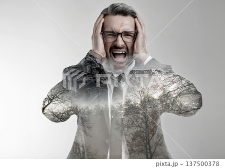 Business man, nature double exposure and stress with scream, worry and anxiety for deforestation in studio. Entrepreneur, fear and scared of climate change with forest, trees or sustainability at job Business man, nature double exposure and stress with scream, worry and anxiety for deforestation in studio. Entrepreneur, fear and scared of climate change with forest, trees or sustainability at job 137500378