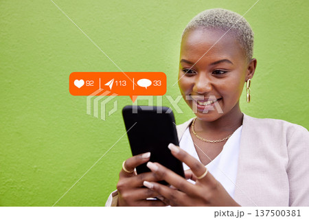 Woman, phone and texting with notification icon, typing or reading with web chat, blog and green background. African girl, contact and smartphone for communication, social network or overlay by wall Woman, phone and texting with notification icon, typing or reading with web chat, blog and green background. African girl, contact and smartphone for communication, social network or overlay by wall 137500381
