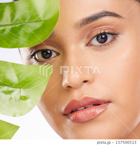Woman, portrait and plants for natural skincare, cosmetics and facial beauty on a white background. Person with green leaf for eco friendly and vegan dermatology, makeup and face skin care in studio 137500513