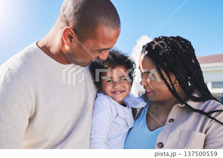 Mother, baby or portrait of father in happy family outdoors to enjoy summer holiday vacation together. Smile, mom or proud dad hugging or bonding child toddler in backyard with love, trust or support 137500559