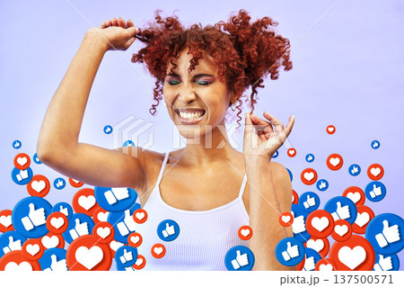 Woman, notification icon overlay and studio with excited smile, traffic or attention on web by purple background. Gen z influencer girl, like and heart emoji for blog, social media or happy with sign Woman, notification icon overlay and studio with excited smile, traffic or attention on web by purple background. Gen z influencer girl, like and heart emoji for blog, social media or happy with sign 137500571
