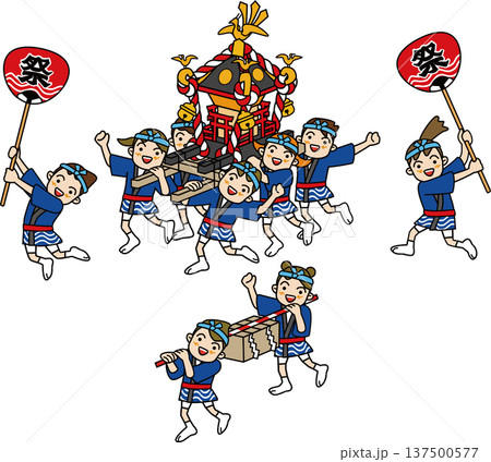 日本の伝統行事。お神輿、賽銭箱を担ぐ子供たちのイラスト 137500577