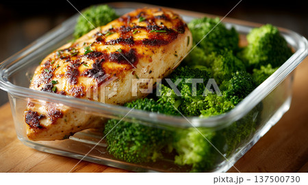 Grilled chicken breast with broccoli in glass meal prep container, healthy diet concept 137500730