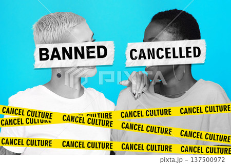 Social media, cancel culture and women online, internet or influencer friends on a studio blue background. Negative, bad and graphic words for banned or fail for public or political opinion or voice 137500972