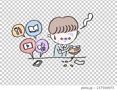 一名男子因訂閱過多服務導致資金耗盡而驚慌失措（訂閱貧困）。 137500973