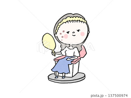 シミ取りレーザー治療後の肌を鏡を見て微笑む女性（美容医療） 137500974