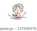 汗をかきながら激辛の赤いスープを飲む男性（激辛グルメ・発汗） 137500978