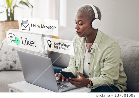Laptop, notification overlay or woman typing for communication, social media or online chat. Headphones, email message alert or African person streaming music on website or mobile app network at home Laptop, notification overlay or woman typing for communication, social media or online chat. Headphones, email message alert or African person streaming music on website or mobile app network at home 137501008