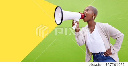 Black woman, megaphone and shouting on mockup space in advertising or marketing against a studio background. African female person screaming in bullhorn or loudspeaker for sale discount or alert 137501021