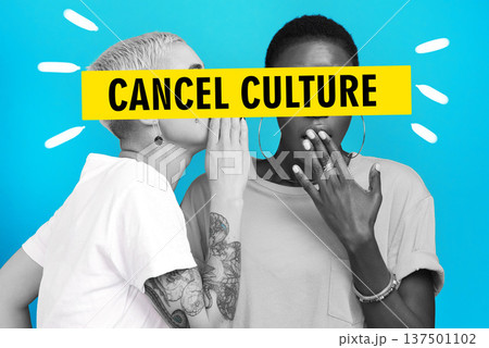 Cancel culture, women and text overlay with fake news and gossip for toxic and banned in studio. Blue background, cross and yellow banner with public shame and people with rumor and secret whisper 137501102