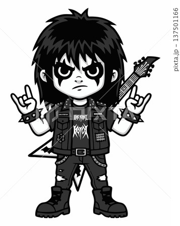 Cartoon Illustration of a Metal Guitarist in Dark Rock Style 137501166