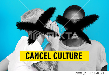 Cancel culture, secret or gossip with woman friends on a blue background in studio to whisper. Social media, censor or ban with an influencer talking to a user behind an X to stop free speech Cancel culture, secret or gossip with woman friends on a blue background in studio to whisper. Social media, censor or ban with an influencer talking to a user behind an X to stop free speech 137501210
