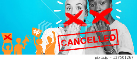 Cancel culture, social media and women on a blue background for silence, protest or society opinion. Banner, quiet and friends or people with politics movement, propaganda or online problem Cancel culture, social media and women on a blue background for silence, protest or society opinion. Banner, quiet and friends or people with politics movement, propaganda or online problem 137501267