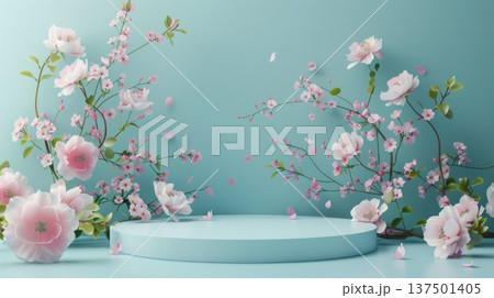 Beautiful pink cherry blossoms gracefully arranged around a round blue platform, creating a serene and elegant springtime atmosphere. 137501405