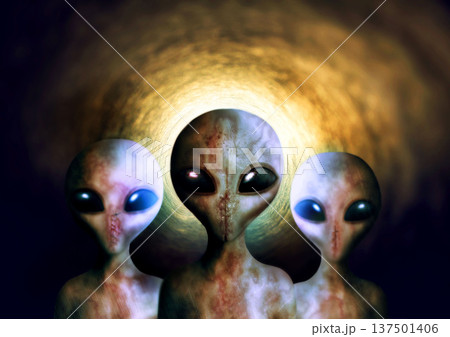 Alien, extraterrestrial or earth invasion from outer space, futuristic fantasy or scifi on a background. Portrait, creature or monster from a galaxy, universe or surreal cosmos at night in the dark 137501406