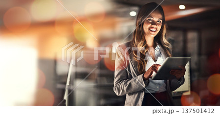 Overlay, tablet and portrait of business woman at night online for planning, social networking and internet. Mockup space, banner and person on digital tech for research, website and email in office 137501412