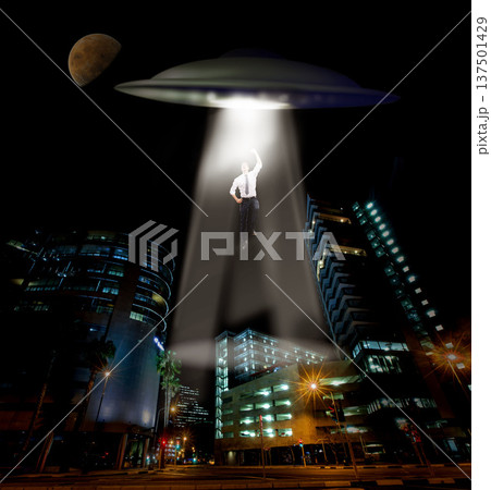 City, abduction and man with UFO, spaceship and galaxy mission with invasion, science fiction and futuristic. Extraterrestrial machine, person and kidnapping with light beam, conspiracy and mystery City, abduction and man with UFO, spaceship and galaxy mission with invasion, science fiction and futuristic. Extraterrestrial machine, person and kidnapping with light beam, conspiracy and mystery 137501429