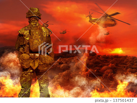 Military, helicopter and soldier by explosion for service, battlefield or fight in forest with army uniform and protection. Warzone, warrior and person in camp look at apocalypse in woods for defence 137501437