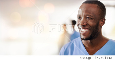 Black man, doctor and thinking in clinic with space for mockup, healthcare and wellness with bokeh. Happy African medic, ideas and pride for job in hospital, surgery and nursing for health in Kenya Black man, doctor and thinking in clinic with space for mockup, healthcare and wellness with bokeh. Happy African medic, ideas and pride for job in hospital, surgery and nursing for health in Kenya 137501448